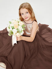Long Junior Bridesmaid Gown Sequined Top Tulle Skirt Chocolate