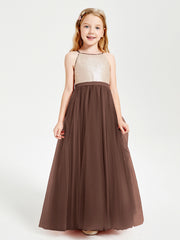 Long Junior Bridesmaid Gown Sequined Top Tulle Skirt Chocolate