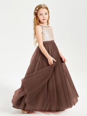 Long Junior Bridesmaid Gown Sequined Top Tulle Skirt Chocolate