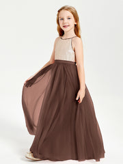 Long Junior Bridesmaid Gown Sequined Top Tulle Skirt Chocolate