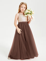Long Junior Bridesmaid Gown Sequined Top Tulle Skirt Chocolate