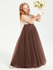 Long Junior Bridesmaid Gown Sequined Top Tulle Skirt Chocolate