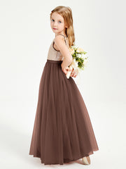 Long Junior Bridesmaid Gown Sequined Top Tulle Skirt Chocolate