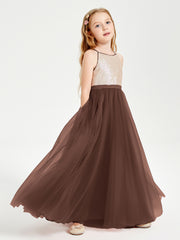 Long Junior Bridesmaid Gown Sequined Top Tulle Skirt Chocolate
