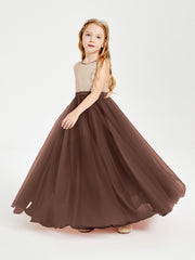 Long Junior Bridesmaid Gown Sequined Top Tulle Skirt Chocolate