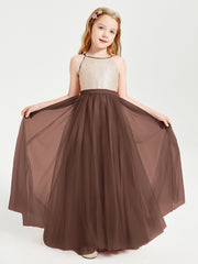 Long Junior Bridesmaid Gown Sequined Top Tulle Skirt Chocolate
