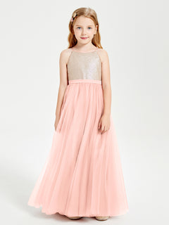 Long Junior Bridesmaid Gown Sequined Top Tulle Skirt Coral