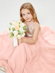 Long Junior Bridesmaid Gown Sequined Top Tulle Skirt Coral