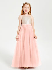 Long Junior Bridesmaid Gown Sequined Top Tulle Skirt Coral