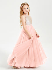 Long Junior Bridesmaid Gown Sequined Top Tulle Skirt Coral