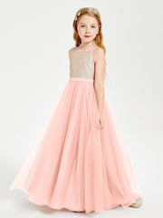 Long Junior Bridesmaid Gown Sequined Top Tulle Skirt Coral