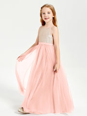 Long Junior Bridesmaid Gown Sequined Top Tulle Skirt Coral