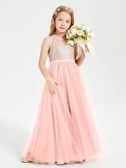 Long Junior Bridesmaid Gown Sequined Top Tulle Skirt Coral