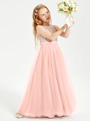 Long Junior Bridesmaid Gown Sequined Top Tulle Skirt Coral