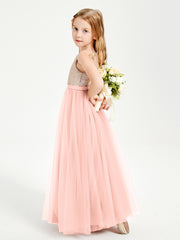 Long Junior Bridesmaid Gown Sequined Top Tulle Skirt Coral