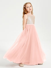 Long Junior Bridesmaid Gown Sequined Top Tulle Skirt Coral