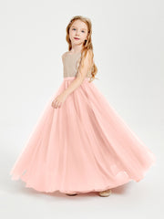 Long Junior Bridesmaid Gown Sequined Top Tulle Skirt Coral