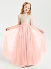 Long Junior Bridesmaid Gown Sequined Top Tulle Skirt Coral