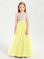 Long Junior Bridesmaid Gown Sequined Top Tulle Skirt Daffodil