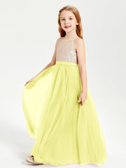Long Junior Bridesmaid Gown Sequined Top Tulle Skirt Daffodil