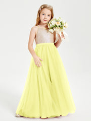 Long Junior Bridesmaid Gown Sequined Top Tulle Skirt Daffodil