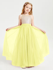 Long Junior Bridesmaid Gown Sequined Top Tulle Skirt Daffodil