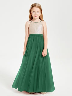 Long Junior Bridesmaid Gown Sequined Top Tulle Skirt Dark Green