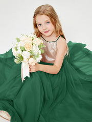 Long Junior Bridesmaid Gown Sequined Top Tulle Skirt Dark Green