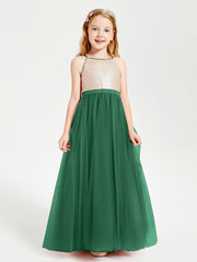 Long Junior Bridesmaid Gown Sequined Top Tulle Skirt Dark Green
