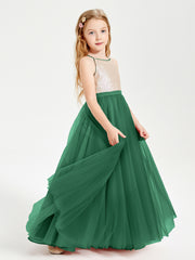 Long Junior Bridesmaid Gown Sequined Top Tulle Skirt Dark Green