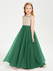 Long Junior Bridesmaid Gown Sequined Top Tulle Skirt Dark Green