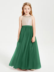Long Junior Bridesmaid Gown Sequined Top Tulle Skirt Dark Green