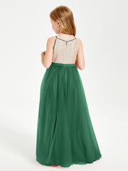 Long Junior Bridesmaid Gown Sequined Top Tulle Skirt Dark Green