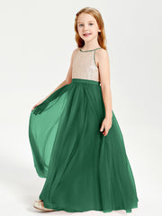 Long Junior Bridesmaid Gown Sequined Top Tulle Skirt Dark Green