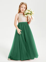 Long Junior Bridesmaid Gown Sequined Top Tulle Skirt Dark Green