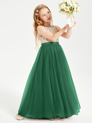 Long Junior Bridesmaid Gown Sequined Top Tulle Skirt Dark Green