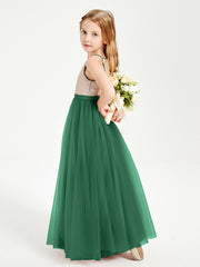 Long Junior Bridesmaid Gown Sequined Top Tulle Skirt Dark Green