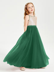 Long Junior Bridesmaid Gown Sequined Top Tulle Skirt Dark Green