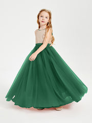 Long Junior Bridesmaid Gown Sequined Top Tulle Skirt Dark Green