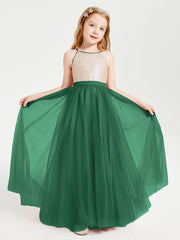 Long Junior Bridesmaid Gown Sequined Top Tulle Skirt Dark Green
