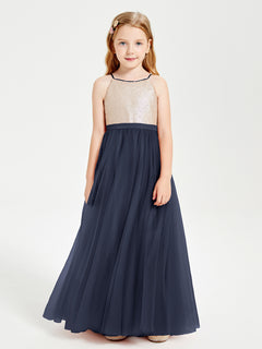 Long Junior Bridesmaid Gown Sequined Top Tulle Skirt Dark Navy