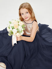 Long Junior Bridesmaid Gown Sequined Top Tulle Skirt Dark Navy