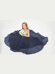 Long Junior Bridesmaid Gown Sequined Top Tulle Skirt Dark Navy