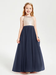 Long Junior Bridesmaid Gown Sequined Top Tulle Skirt Dark Navy