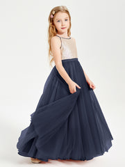 Long Junior Bridesmaid Gown Sequined Top Tulle Skirt Dark Navy