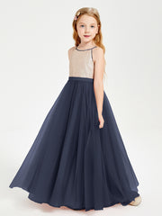 Long Junior Bridesmaid Gown Sequined Top Tulle Skirt Dark Navy