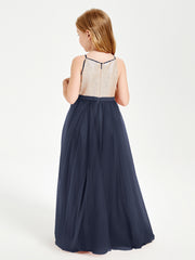 Long Junior Bridesmaid Gown Sequined Top Tulle Skirt Dark Navy