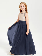 Long Junior Bridesmaid Gown Sequined Top Tulle Skirt Dark Navy