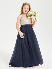 Long Junior Bridesmaid Gown Sequined Top Tulle Skirt Dark Navy