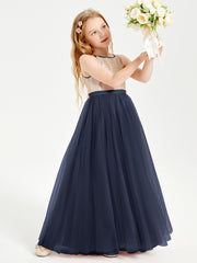 Long Junior Bridesmaid Gown Sequined Top Tulle Skirt Dark Navy